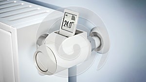 Smart thermostatic radiator valve with LCD screen. 3D illustration