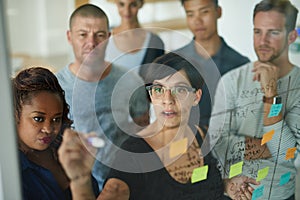 Smart, thinking business people planning and writing ideas on a transparent board while working together on a group