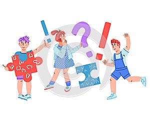 Smart thinking school children girl and boy with question and exclamation marks, cartoon vector.