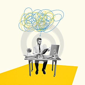 Smart thinking. Young man sitting at office and working at computer. Bright contemporary art collage. Business, studying