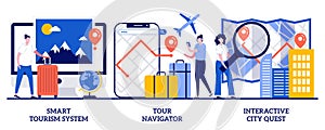 Smart tourism, tour navigator, interactive city quest concept with tiny people. Travel experience vector illustration set. Abroad