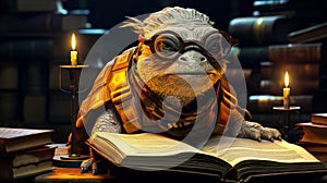 Smart Turtle with Glasses Pondering and Reading Book