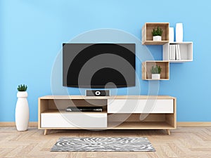 Smart Tv with blank black screen hanging on cabinet design, modern living room with floor. 3d rendering