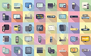 Smart TV box icons set flat vector. Cable device