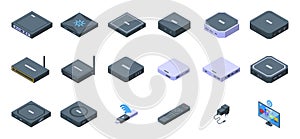 Smart TV box icons set isometric vector. Remote cable