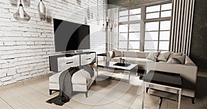 Smart Tv on Cabinet in Living room Loft style with white brick wall on wooden floor and sofa armchair.3D rendering