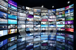 Smart TV and digital media wall of screens background. Generative AI