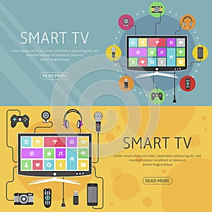 Smart TV flat design concept and banners. Modern digital devices connected to a television.