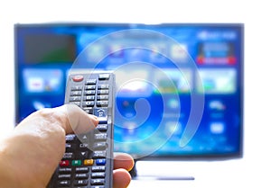Smart tv and hand pressing remote control