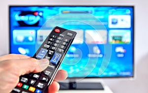 Smart tv and hand pressing remote control