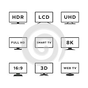 Smart TV icon set. Black line TV screens isolated on white background. Web TV features: HDR, LCD, UHD, full HD, 8K, 16:9. Vector