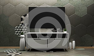 Smart Tv Mock up with blank black screen hanging on the cabinet decor on Hexagon pattern wall and floor design. 3d rendering