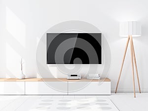 Smart Tv Mockup with blank black screen hanging on the wall, modern living room with floor lamp