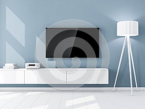 Smart Tv Mockup with blank screen hanging on the blue wall, living room