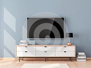 Smart Tv Mockup with blank screen hanging on the wall in modern living room