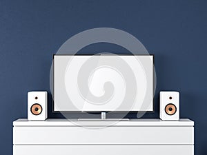 Smart Tv Mockup with blank screen and stereo speakers on white chest of drawers