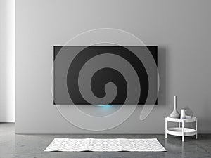 Smart Tv mockup hanging on the gray wall in living room with carpet