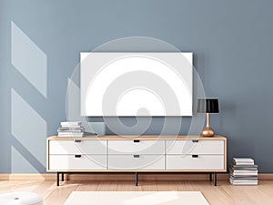 Smart Tv Mockup hanging on the wall, living room with bureau