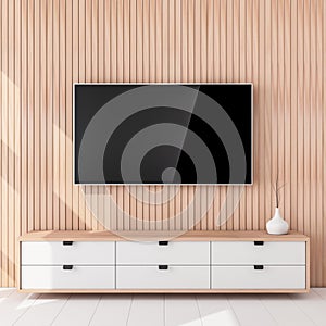 Smart Tv Mockup hanging on the wooden wall, living room