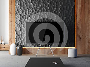 Smart Tv Mockup on metal stand in modern living room with wooden wall and black stone