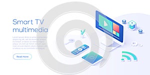 Smart tv multimedia concept in isometric vector illustration. Television set with remote control and mediaplayer box connected via