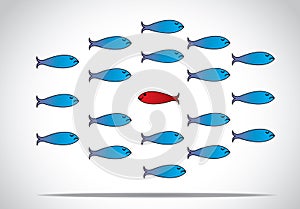 Smart unique and happy fish moving against the group - concept design illustration inspiring leader