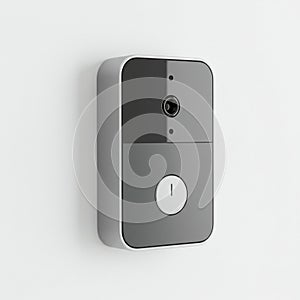 A smart video doorbell mounted on a white wall, featuring a sleek, rectangular design