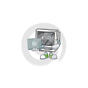 A smart vintage monitor mascot icon working with laptop