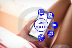 Smart VoIP voice over internet protocol technology on mobile smart phone device app via digital computer communication service