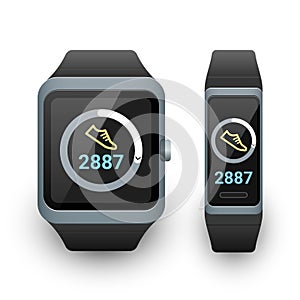 Smart watch and activity fitness tracker with steps counter app on screen. Vector illustration