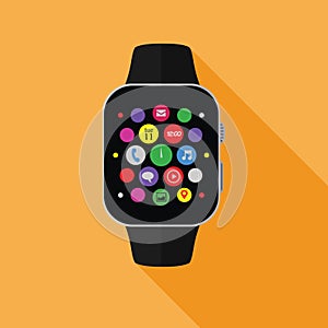 Smart watch with app icons, flat concept with long shadow