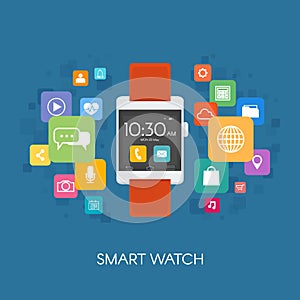 Smart watch with application icons. Vector illustration in flat style