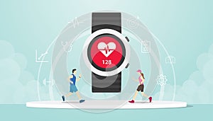 Smart watch apps tracker with hand wrist and people male and female running