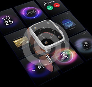 Smart watch on black background. Multi-function interface layout in grid