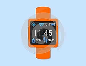 Smart watch closeup isolated. Fitness bracelet, smartband showing time, indicators of pulse, steps and calories on display. Vector