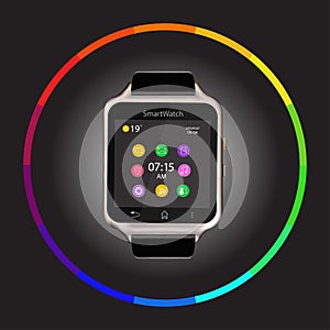 Smart Watch device display with app icons. Isolated on dark background.