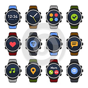 Smart Watch with Different Apps on Screen Icons Set. Vector