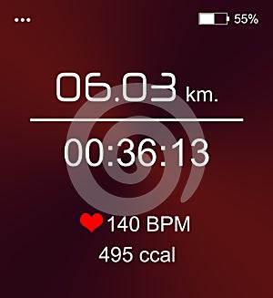 Smart watch displaying time interval, distance, heart rate and burnt calories amount in monitor app