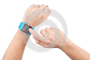 Smart watch with fitness app on male hands