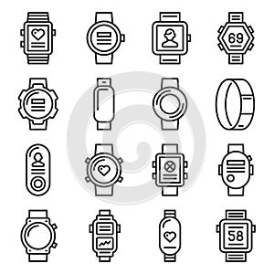 Smart Watch and Fitness Bracelet Icons Set on White Background. Line Style Vector