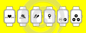 Smart watch and fitness tracker set. Outline vector icons.