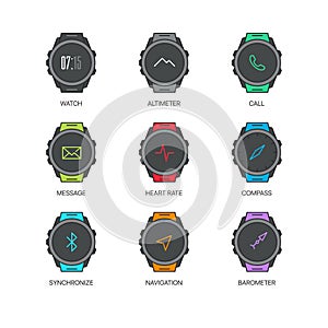 Smart watch functions thin line icons set