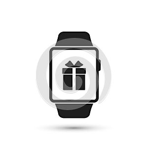 Smart watch with gift on monitor icon, vector