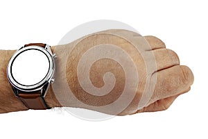 Smart watch on hand, close-up on a white background. With isolate on the dial plate and isolated background