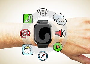 Smart watch on the hand with social media icons