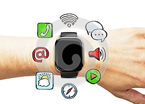 Smart watch on the hand with social media icons