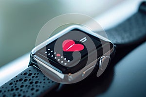 A smart watch with a heart symbol on the screen, measuring and monitoring heart rate, A close-up of a fitness tracker showing