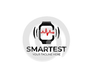 Smart watch and heartbeat line logo template. Smartwatch and pulse vector design