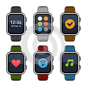 Smart Watch Icons Set. Flat Style. Vector