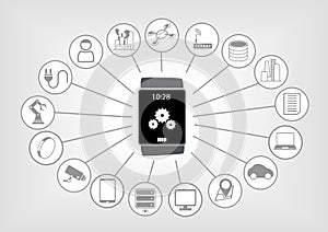 Smart watch illustration in flat design with various icons on light grey background